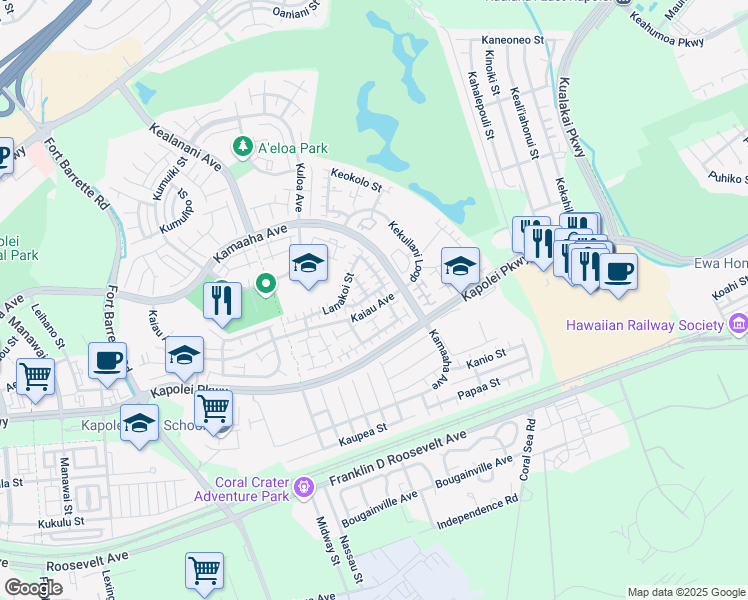 map of restaurants, bars, coffee shops, grocery stores, and more near 91-1035 Mamaka Street in Kapolei