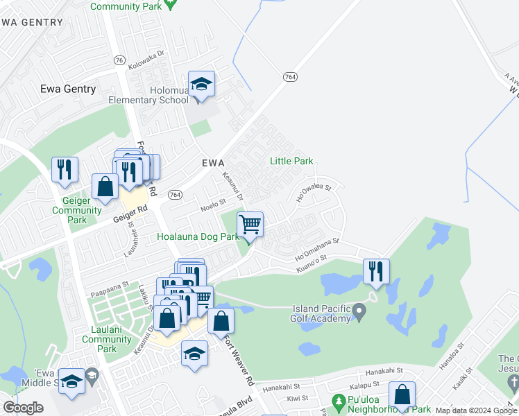 map of restaurants, bars, coffee shops, grocery stores, and more near 91-327 Ho'owalea Place in Ewa Beach