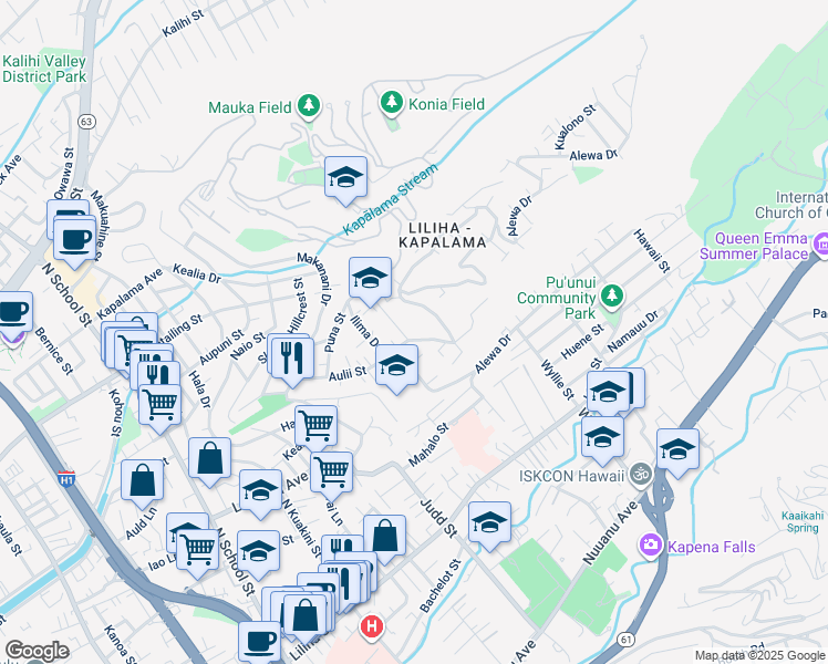 map of restaurants, bars, coffee shops, grocery stores, and more near 1008 Alewa Drive in Honolulu