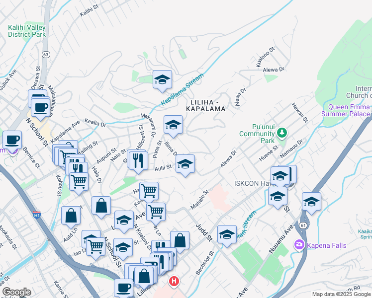 map of restaurants, bars, coffee shops, grocery stores, and more near 1008 Alewa Drive in Honolulu