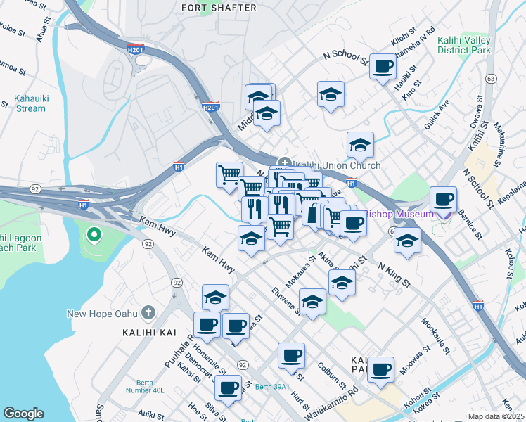 map of restaurants, bars, coffee shops, grocery stores, and more near 810 Bannister Street in Honolulu