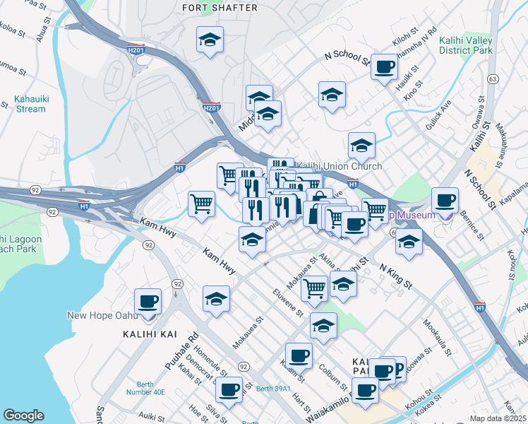 map of restaurants, bars, coffee shops, grocery stores, and more near 810 Bannister Street in Honolulu