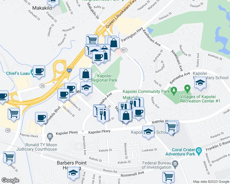 map of restaurants, bars, coffee shops, grocery stores, and more near 1502 Kama'aha Avenue in Kapolei