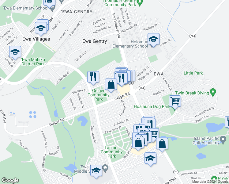 map of restaurants, bars, coffee shops, grocery stores, and more near 91-299 Hanapouli Circle in Ewa Beach