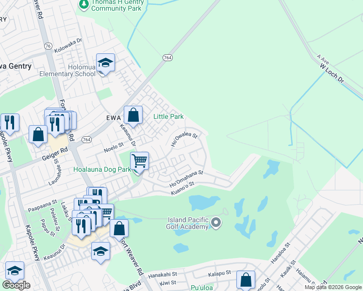 map of restaurants, bars, coffee shops, grocery stores, and more near 91-322 Ho'olu Place in Ewa Beach