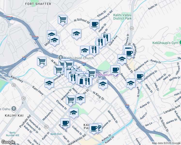map of restaurants, bars, coffee shops, grocery stores, and more near 1219 Nakuina Street in Honolulu