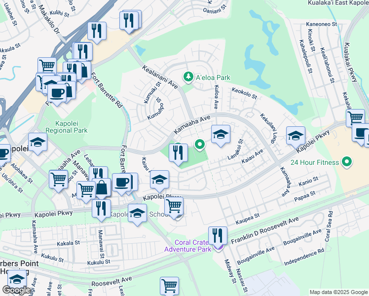 map of restaurants, bars, coffee shops, grocery stores, and more near 91-1227 Kamaaha Avenue in Kapolei