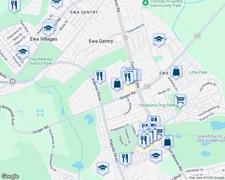 map of restaurants, bars, coffee shops, grocery stores, and more near 91-257 Hanapouli Circle in Ewa Beach