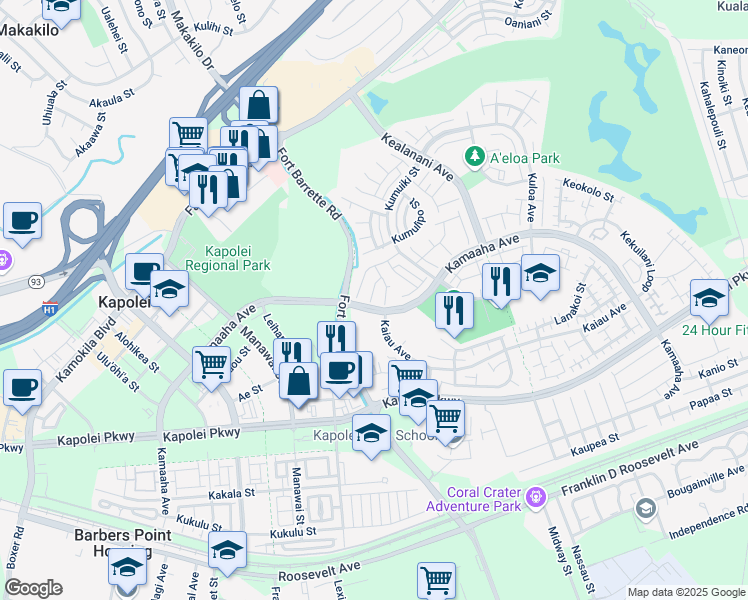 map of restaurants, bars, coffee shops, grocery stores, and more near 91-235 Kaana Place in Kapolei