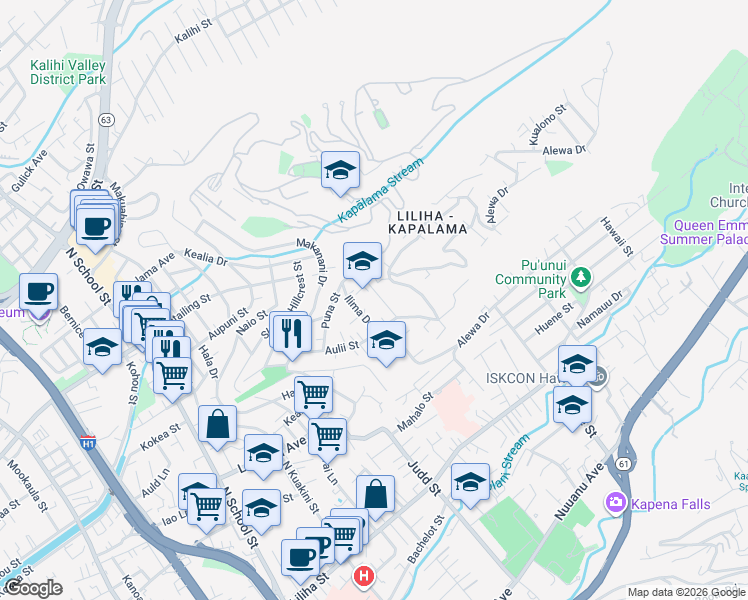map of restaurants, bars, coffee shops, grocery stores, and more near 1074 Ilima Drive in Honolulu