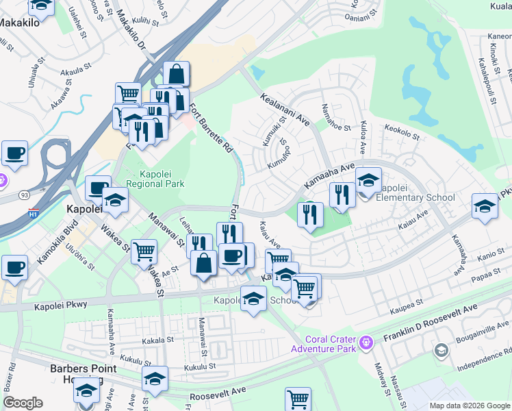 map of restaurants, bars, coffee shops, grocery stores, and more near 91-235 Kaana Place in Kapolei