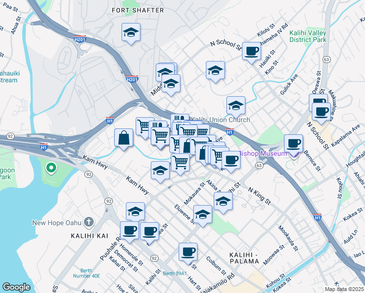 map of restaurants, bars, coffee shops, grocery stores, and more near 905 Umi Street in Honolulu
