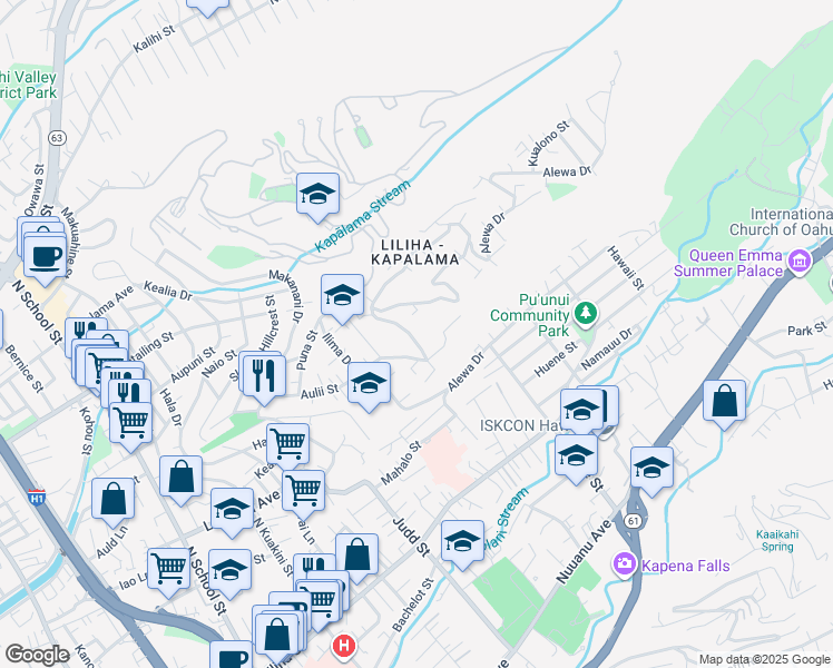 map of restaurants, bars, coffee shops, grocery stores, and more near 1156 Alewa Drive in Honolulu