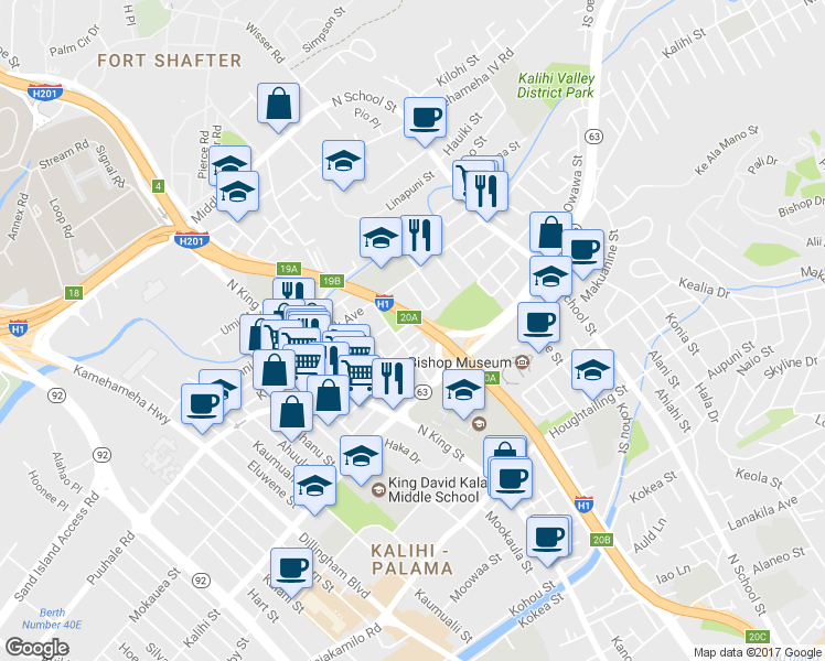 map of restaurants, bars, coffee shops, grocery stores, and more near 1219 Nakuina Street in Honolulu