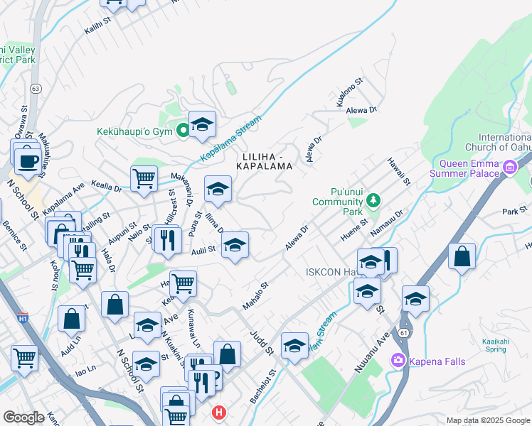 map of restaurants, bars, coffee shops, grocery stores, and more near 1156 Alewa Drive in Honolulu