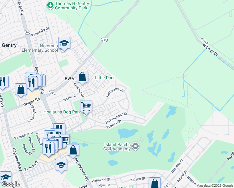 map of restaurants, bars, coffee shops, grocery stores, and more near 91-1109 Ho'owalea Street in Ewa Beach