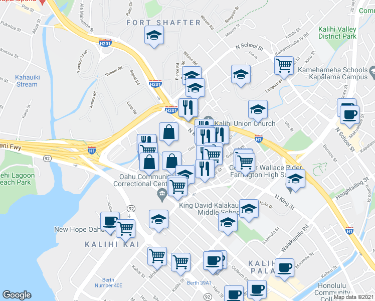 map of restaurants, bars, coffee shops, grocery stores, and more near 755 Umi Street in Honolulu