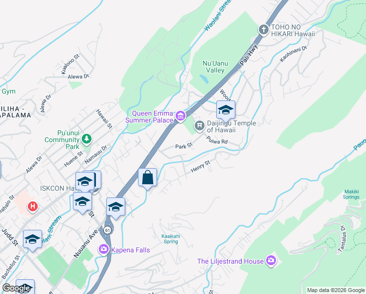 map of restaurants, bars, coffee shops, grocery stores, and more near 1940 Park Street in Honolulu