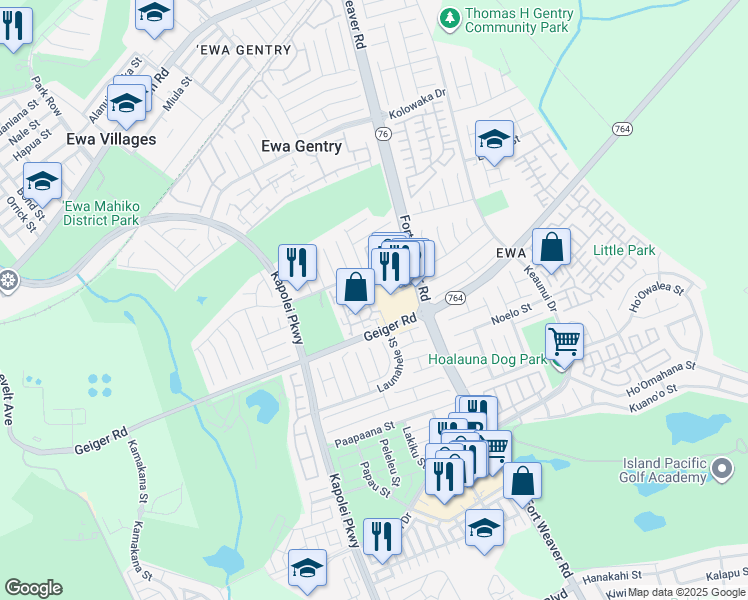 map of restaurants, bars, coffee shops, grocery stores, and more near 91-207 Hanapouli Circle in Ewa Beach