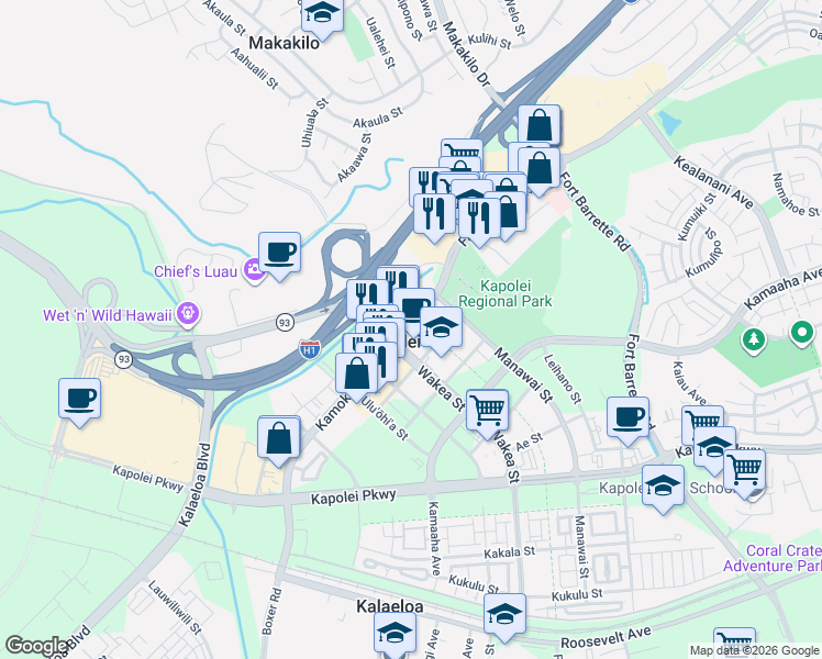 map of restaurants, bars, coffee shops, grocery stores, and more near 950 Kamokila Boulevard in Kapolei