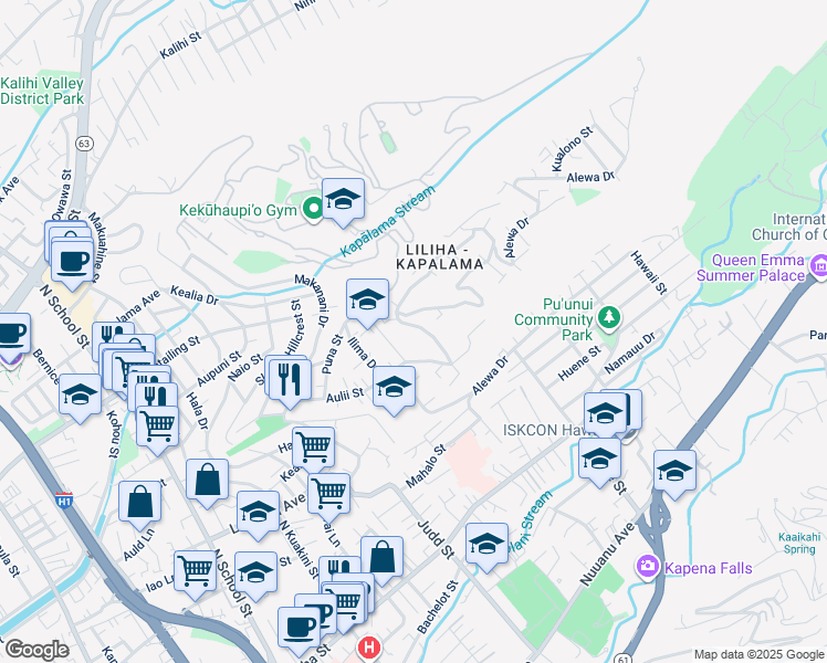 map of restaurants, bars, coffee shops, grocery stores, and more near 1173 Alewa Drive in Honolulu