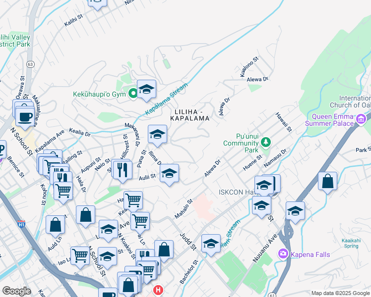 map of restaurants, bars, coffee shops, grocery stores, and more near 1156 Alewa Drive in Honolulu