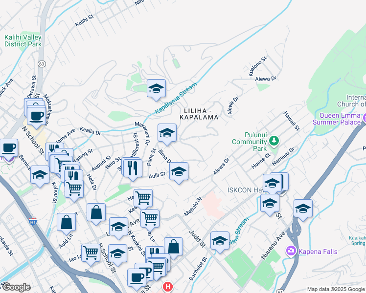 map of restaurants, bars, coffee shops, grocery stores, and more near 1173 Alewa Drive in Honolulu