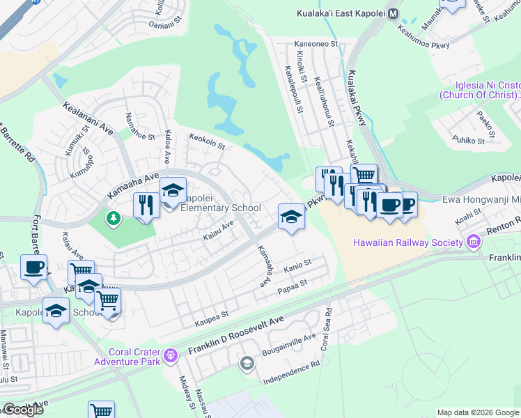 map of restaurants, bars, coffee shops, grocery stores, and more near 91-1001 Waaula Street in Kapolei