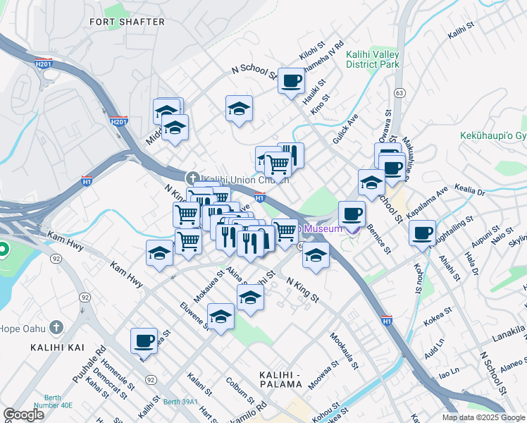 map of restaurants, bars, coffee shops, grocery stores, and more near 1145 Gulick Avenue in Honolulu