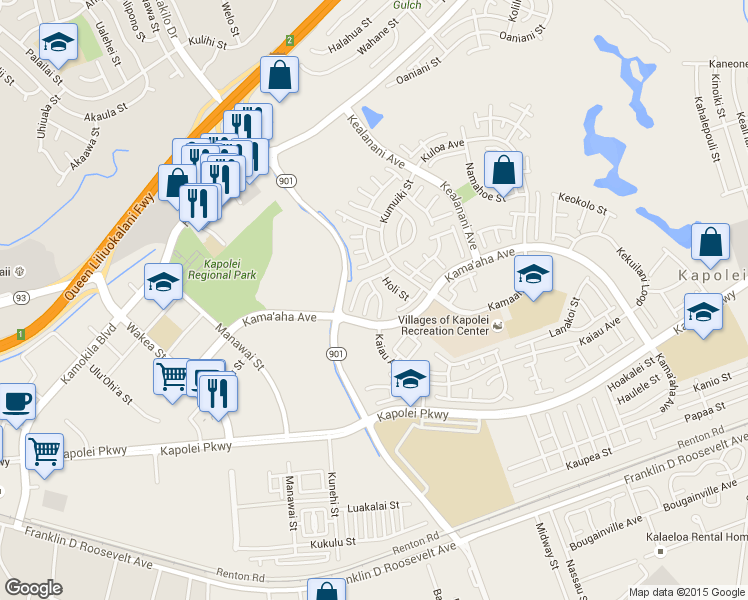 map of restaurants, bars, coffee shops, grocery stores, and more near 91-235 Kaana Place in Kapolei