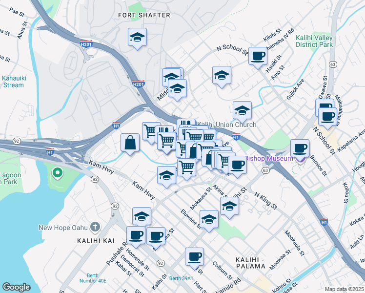 map of restaurants, bars, coffee shops, grocery stores, and more near 905 Umi Street in Honolulu