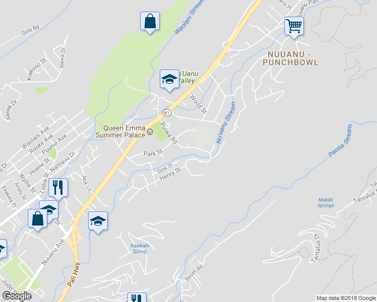 map of restaurants, bars, coffee shops, grocery stores, and more near 145 Puiwa Road in Honolulu