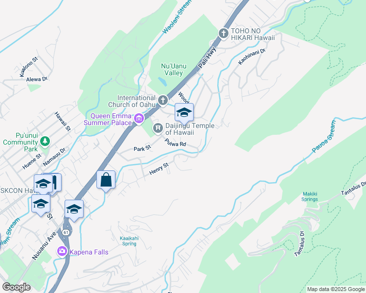 map of restaurants, bars, coffee shops, grocery stores, and more near 145 Puiwa Road in Honolulu