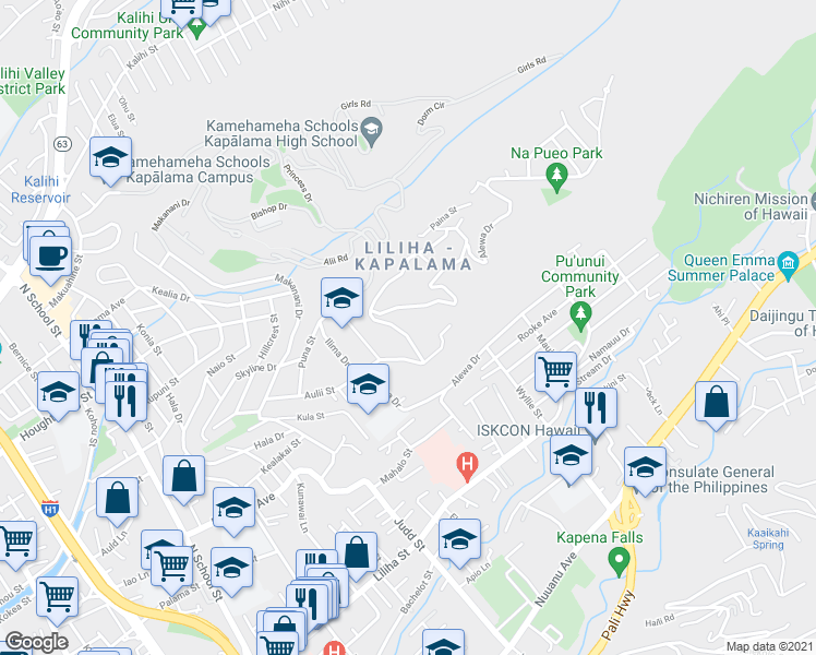 map of restaurants, bars, coffee shops, grocery stores, and more near 1156 Alewa Drive in Honolulu