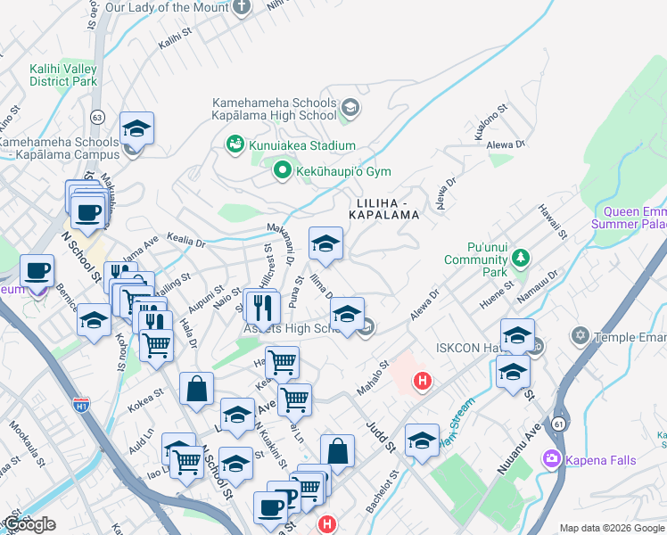 map of restaurants, bars, coffee shops, grocery stores, and more near 1074 Ilima Drive in Honolulu