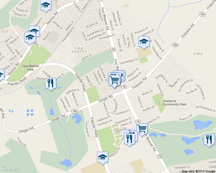 map of restaurants, bars, coffee shops, grocery stores, and more near 91-207 Hanapouli Circle in Ewa Beach