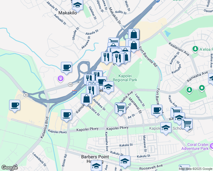 map of restaurants, bars, coffee shops, grocery stores, and more near 1001 Kamokila Boulevard in Kapolei