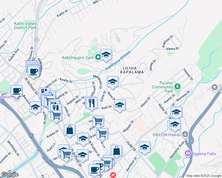 map of restaurants, bars, coffee shops, grocery stores, and more near 1078 Ilima Drive in Honolulu