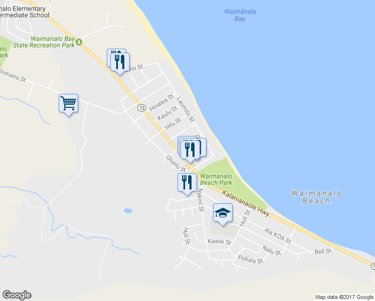 map of restaurants, bars, coffee shops, grocery stores, and more near 41-36 Alaihi Street in Waimanalo