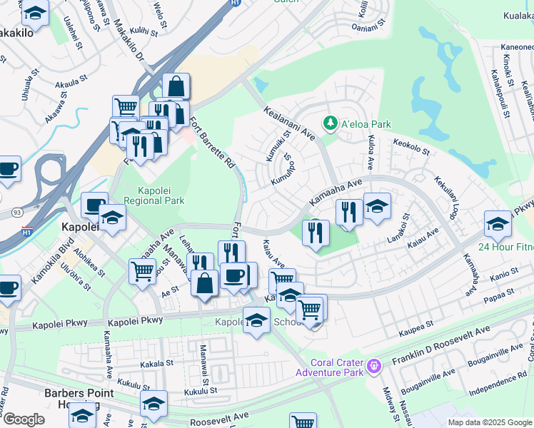 map of restaurants, bars, coffee shops, grocery stores, and more near Kaana Street in Kapolei
