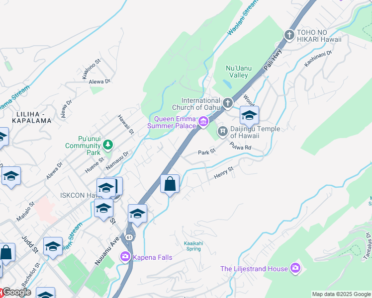 map of restaurants, bars, coffee shops, grocery stores, and more near 2825C Pali Highway in Honolulu