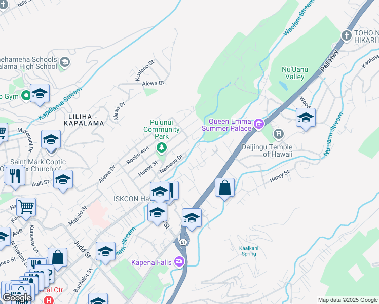 map of restaurants, bars, coffee shops, grocery stores, and more near 2653 Namauu Drive in Honolulu