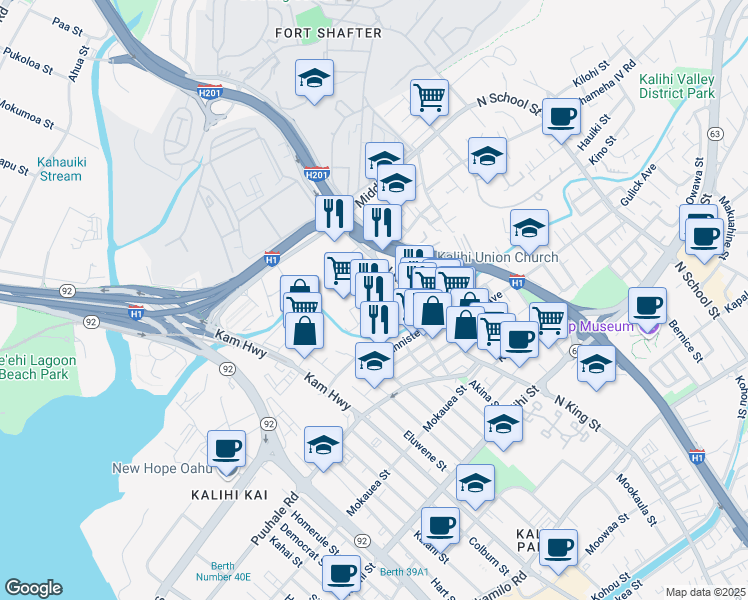 map of restaurants, bars, coffee shops, grocery stores, and more near 750 Umi Street in Honolulu