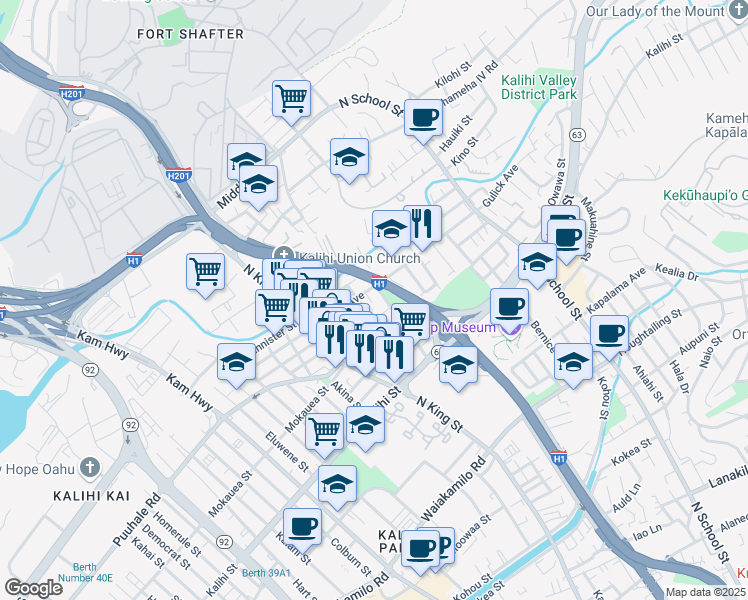 map of restaurants, bars, coffee shops, grocery stores, and more near 1145 Gulick Avenue in Honolulu
