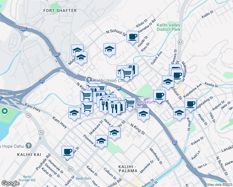 map of restaurants, bars, coffee shops, grocery stores, and more near 1145 Gulick Avenue in Honolulu