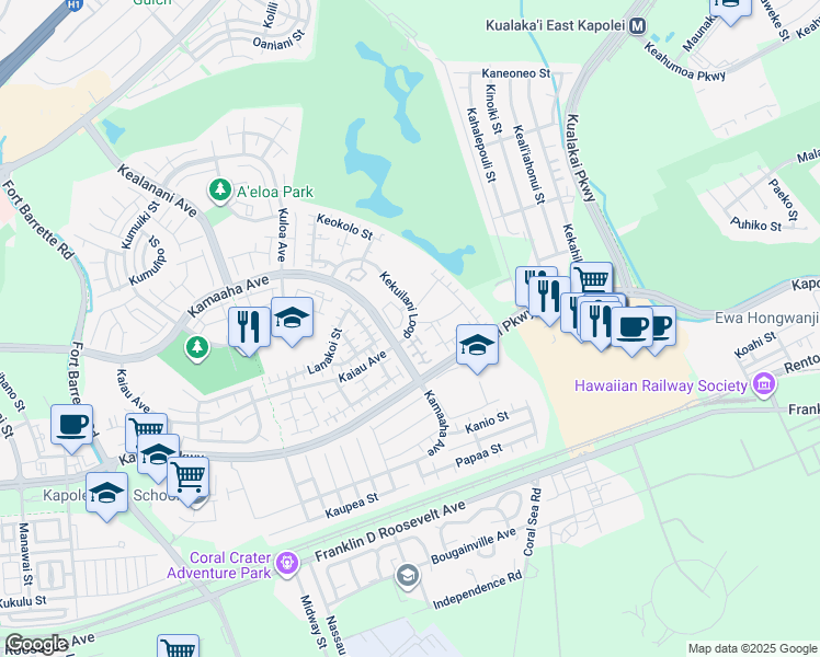 map of restaurants, bars, coffee shops, grocery stores, and more near 91-1001 Waaula Street in Kapolei