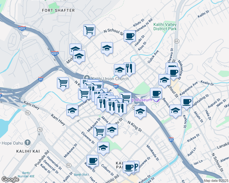 map of restaurants, bars, coffee shops, grocery stores, and more near 1145 Gulick Avenue in Honolulu
