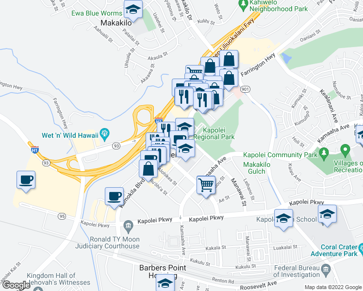 map of restaurants, bars, coffee shops, grocery stores, and more near 1001 Kamokila Boulevard in Kapolei