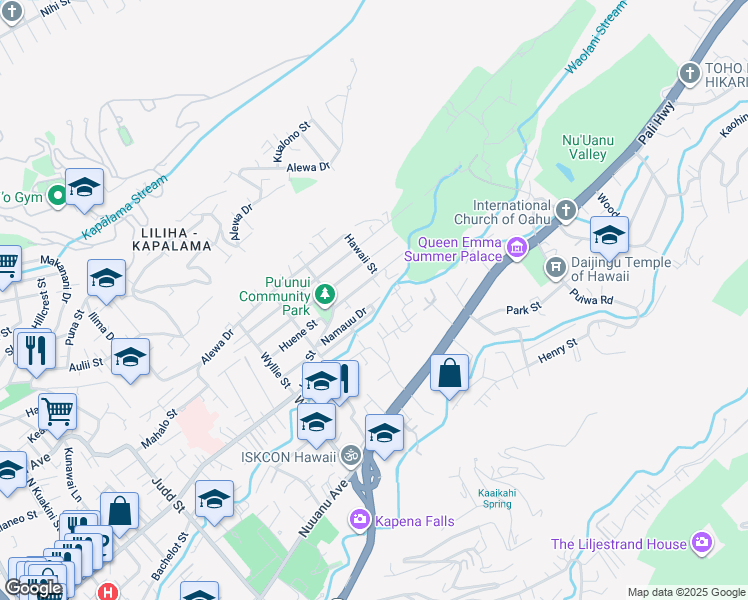 map of restaurants, bars, coffee shops, grocery stores, and more near 2653 Namauu Drive in Honolulu