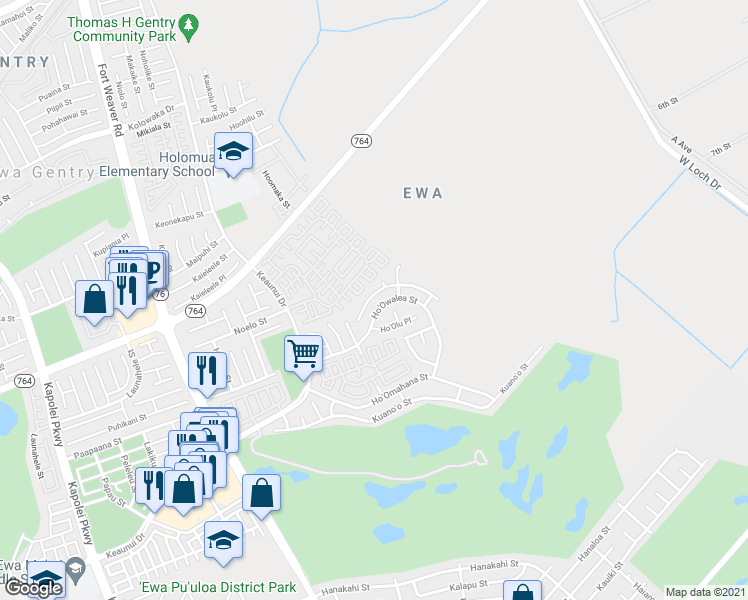 map of restaurants, bars, coffee shops, grocery stores, and more near 91-1039 Ho'oka'ahea Street in Ewa Beach